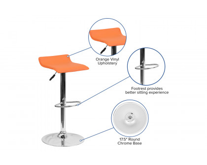 BLNK Dax Vinyl Adjustable Height Bar Stool with Solid Wave Seat and Chrome Base - Orange