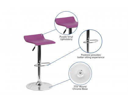 BLNK Dax Vinyl Adjustable Height Bar Stool with Solid Wave Seat and Chrome Base - Purple