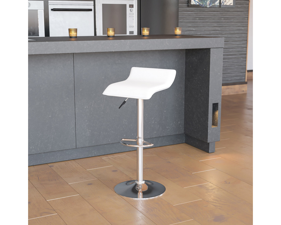 BLNK Dax Vinyl Adjustable Height Bar Stool with Solid Wave Seat and Chrome Base - White