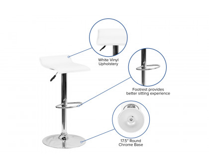 BLNK Dax Vinyl Adjustable Height Bar Stool with Solid Wave Seat and Chrome Base - White