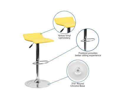 BLNK Dax Vinyl Adjustable Height Bar Stool with Solid Wave Seat and Chrome Base - Yellow