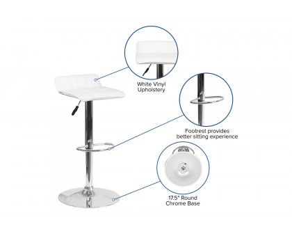 BLNK Mark Vinyl Adjustable Height Bar Stool with Quilted Wave Seat and Chrome Base - White