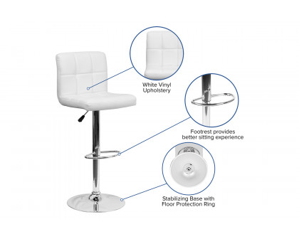 BLNK Kathleen Quilted Vinyl Adjustable Height Bar Stool with Chrome Base - White