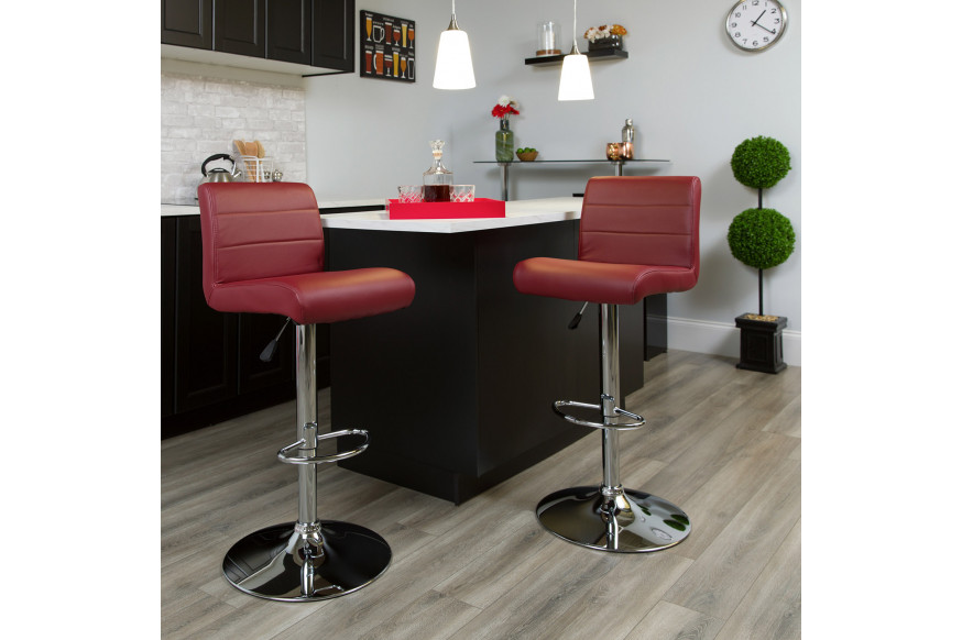 BLNK™ Scott Vinyl Adjustable Height Bar Stool with Rolled Seat and Chrome Base - Burgundy