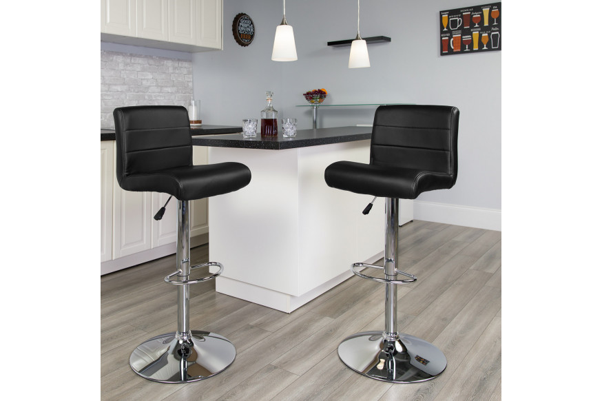 BLNK™ Scott Vinyl Adjustable Height Bar Stool with Rolled Seat and Chrome Base - Black