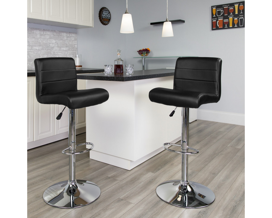 BLNK Scott Vinyl Adjustable Height Bar Stool with Rolled Seat and Chrome Base - Black