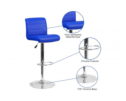 BLNK Scott Vinyl Adjustable Height Bar Stool with Rolled Seat and Chrome Base - Blue