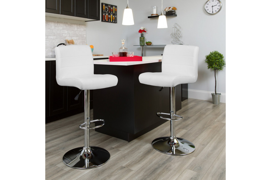 BLNK™ Scott Vinyl Adjustable Height Bar Stool with Rolled Seat and Chrome Base - White