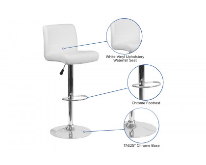 BLNK™ Scott Vinyl Adjustable Height Bar Stool with Rolled Seat and Chrome Base - White