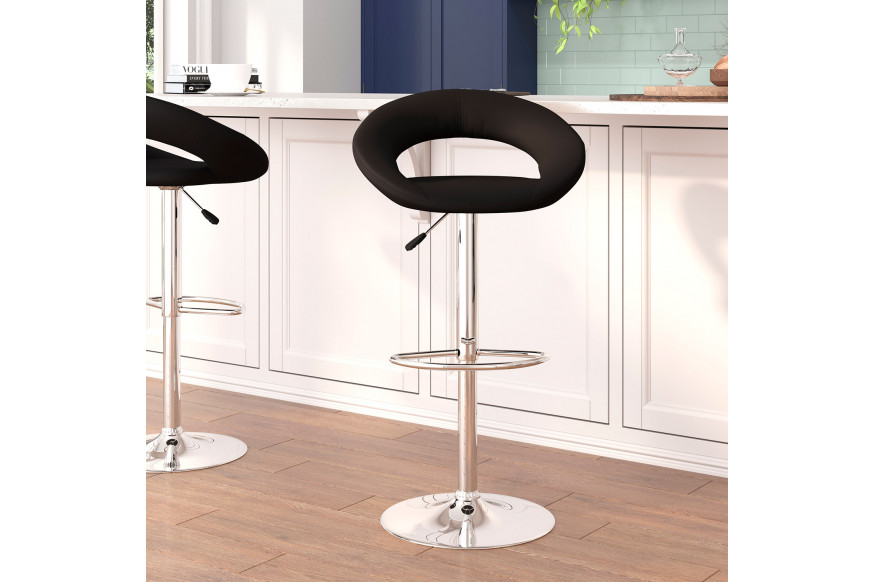 BLNK™ Brook Vinyl Rounded Orbit-Style Back Adjustable Height Bar Stool with Chrome Base - Black