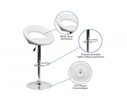 BLNK Brook Vinyl Rounded Orbit-Style Back Adjustable Height Bar Stool with Chrome Base - White