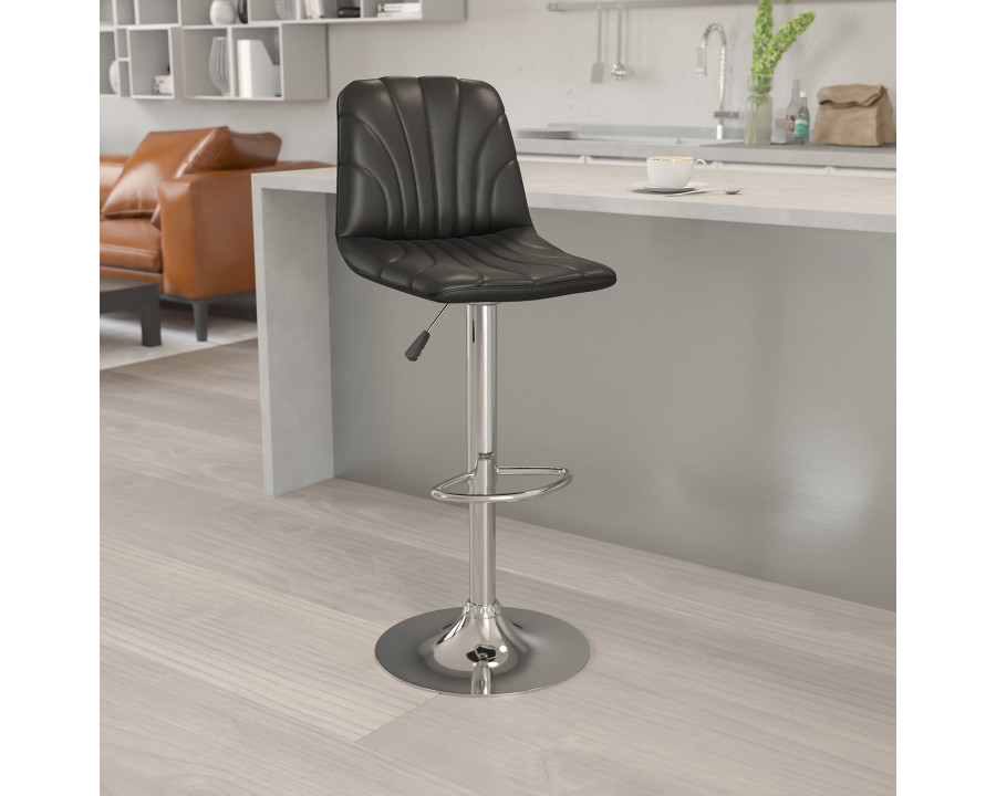 BLNK - Williams Black Vinyl Adjustable Height Bar Stool with Embellished Stitch Design and Chrome Base