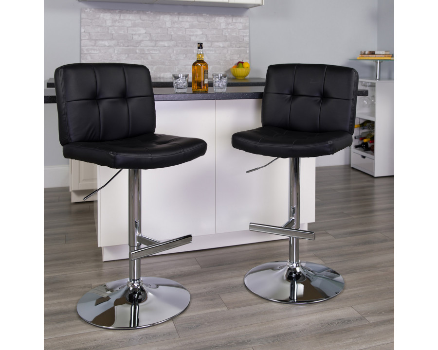 BLNK - Sterling Black Vinyl Adjustable Height Bar Stool with Square Tufted Back and Chrome Base