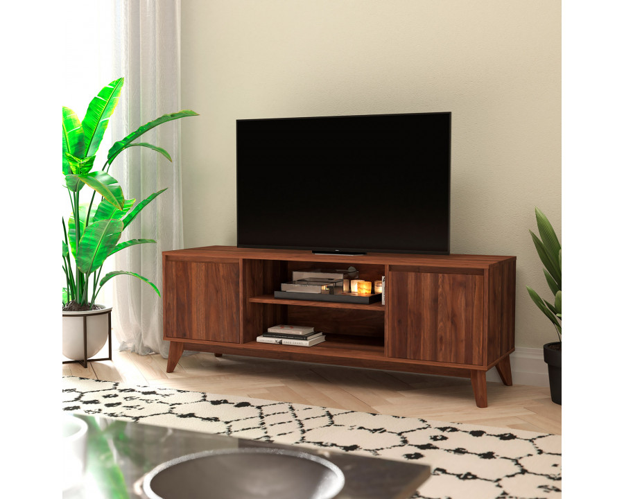 BLNK - Hatfield Mid-Century Modern TV Stand in Walnut for up to 64" TV's with Adjustable Center Shelf and Dual Soft Close Doors