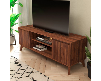 BLNK - Hatfield Mid-Century Modern TV Stand in Walnut for up to 64" TV's with Adjustable Center Shelf and Dual Soft Close Doors