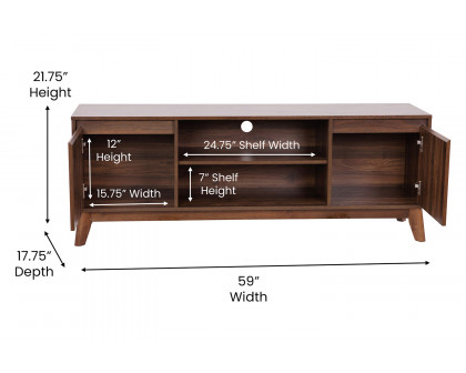 BLNK - Hatfield Mid-Century Modern TV Stand in Walnut for up to 64" TV's with Adjustable Center Shelf and Dual Soft Close Doors