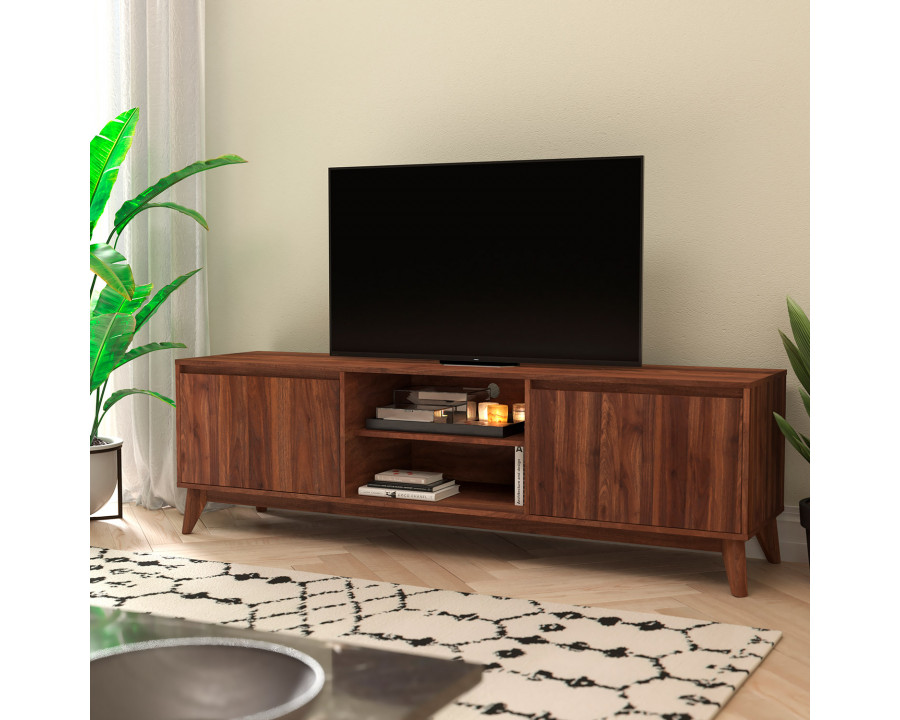 BLNK - Hatfield Mid-Century Modern TV Stand in Walnut for up to 65" TV's with Adjustable Center Shelf and Dual Soft Close Doors