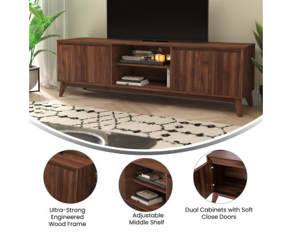 BLNK - Hatfield Mid-Century Modern TV Stand in Walnut for up to 65" TV's with Adjustable Center Shelf and Dual Soft Close Doors