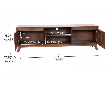 BLNK - Hatfield Mid-Century Modern TV Stand in Walnut for up to 65" TV's with Adjustable Center Shelf and Dual Soft Close Doors