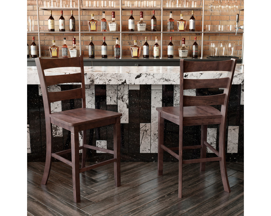 BLNK Liesel Commercial Wood Classic Ladderback Counter Height Bar Stool with Solid Wood Seat Set of 2 - Gray Wash Walnut