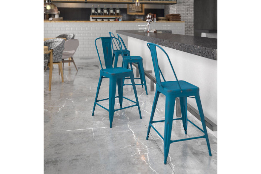 BLNK™ Carly Commercial Metal Distressed Indoor-Outdoor Counter Height Stool - Antique Blue