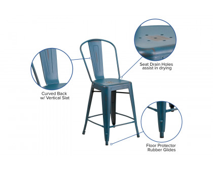 BLNK™ Carly Commercial Metal Distressed Indoor-Outdoor Counter Height Stool - Antique Blue