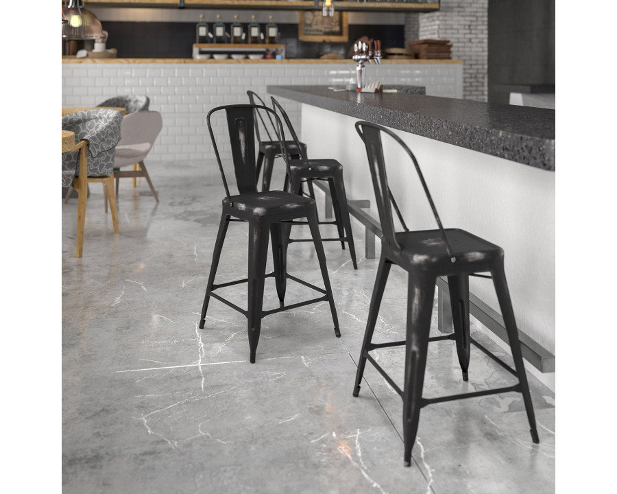 BLNK Carly Commercial Metal Distressed Indoor-Outdoor Counter Height Stool - Black