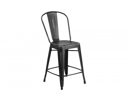 BLNK Carly Commercial Metal Distressed Indoor-Outdoor Counter Height Stool - Black