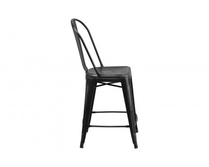 BLNK Carly Commercial Metal Distressed Indoor-Outdoor Counter Height Stool - Black