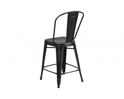 BLNK Carly Commercial Metal Distressed Indoor-Outdoor Counter Height Stool - Black