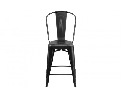 BLNK Carly Commercial Metal Distressed Indoor-Outdoor Counter Height Stool - Black