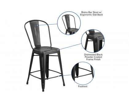 BLNK Carly Commercial Metal Distressed Indoor-Outdoor Counter Height Stool - Black