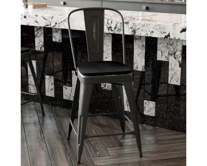 BLNK Carly Commercial Metal Indoor-Outdoor Counter Height Stool with Poly Resin Wood Seat - Black