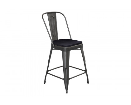 BLNK Carly Commercial Metal Indoor-Outdoor Counter Height Stool with Poly Resin Wood Seat - Black