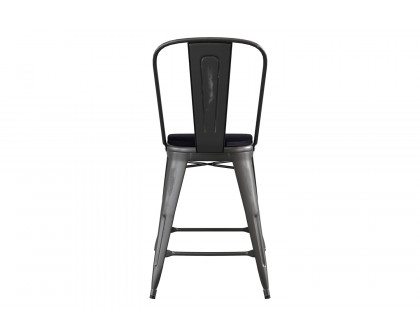 BLNK Carly Commercial Metal Indoor-Outdoor Counter Height Stool with Poly Resin Wood Seat - Black