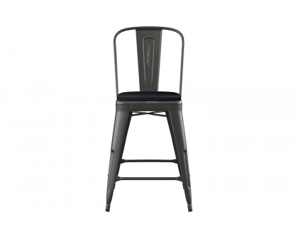 BLNK Carly Commercial Metal Indoor-Outdoor Counter Height Stool with Poly Resin Wood Seat - Black