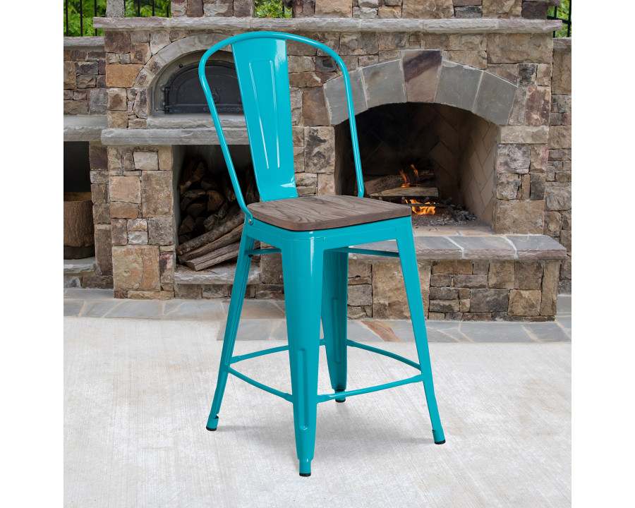 BLNK Carly Metal Counter Height Stool with Wood Seat - Crystal Teal/Blue