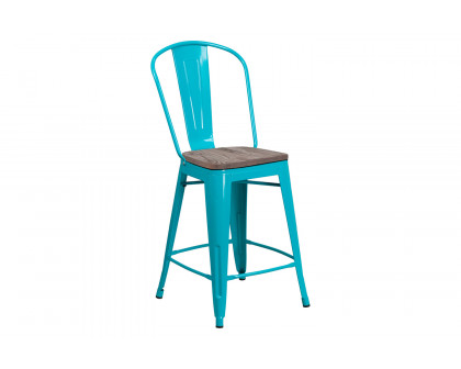 BLNK Carly Metal Counter Height Stool with Wood Seat - Crystal Teal/Blue