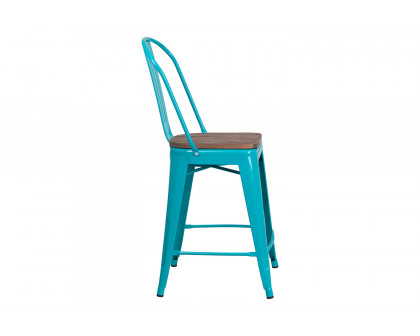 BLNK Carly Metal Counter Height Stool with Wood Seat - Crystal Teal/Blue