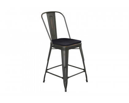 BLNK - Carly Commercial Indoor-Outdoor Copper Metal Counter Height Stool with Back with Black Poly Resin Wood Seat