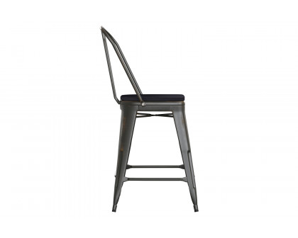 BLNK - Carly Commercial Indoor-Outdoor Copper Metal Counter Height Stool with Back with Black Poly Resin Wood Seat