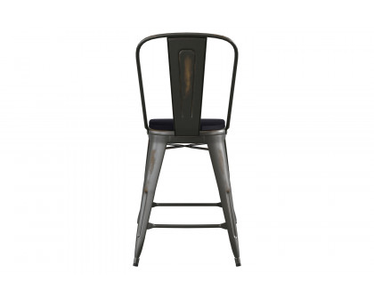 BLNK - Carly Commercial Indoor-Outdoor Copper Metal Counter Height Stool with Back with Black Poly Resin Wood Seat