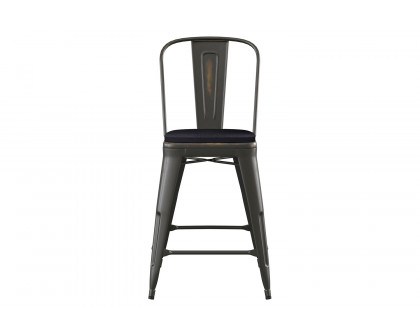 BLNK - Carly Commercial Indoor-Outdoor Copper Metal Counter Height Stool with Back with Black Poly Resin Wood Seat