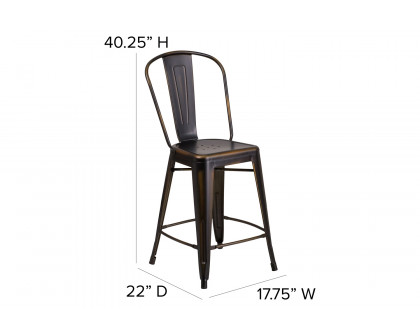 BLNK - Carly Commercial Indoor-Outdoor Copper Metal Counter Height Stool with Back with Black Poly Resin Wood Seat