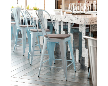 BLNK Carly Commercial Metal Indoor-Outdoor Counter Height Stool with Poly Resin Wood Seat