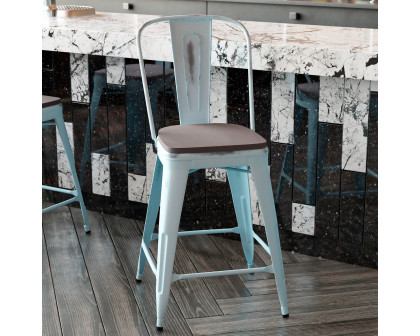 BLNK Carly Commercial Metal Indoor-Outdoor Counter Height Stool with Poly Resin Wood Seat - Green-Blue/Gray