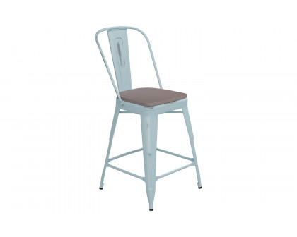 BLNK Carly Commercial Metal Indoor-Outdoor Counter Height Stool with Poly Resin Wood Seat - Green-Blue/Gray