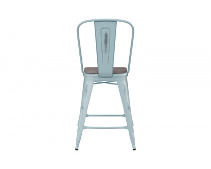 BLNK Carly Commercial Metal Indoor-Outdoor Counter Height Stool with Poly Resin Wood Seat - Green-Blue/Gray