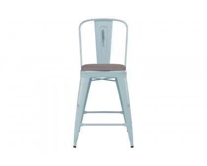 BLNK Carly Commercial Metal Indoor-Outdoor Counter Height Stool with Poly Resin Wood Seat - Green-Blue/Gray