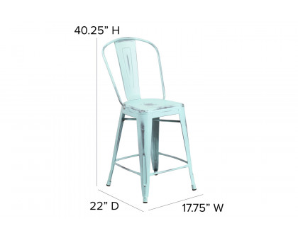 BLNK Carly Commercial Metal Indoor-Outdoor Counter Height Stool with Poly Resin Wood Seat - Green-Blue/Gray